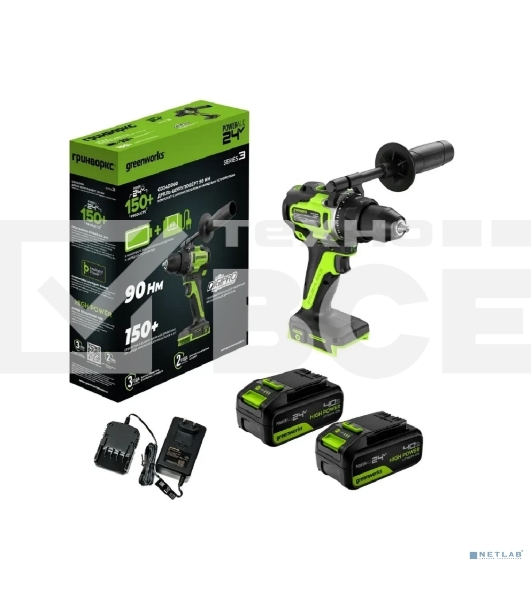Дрель-шуруповерт аккумуляторная Greenworks GD24DD90 24V, 90 Нм, бесщеточная, 45/90Нм,2х4Ач,ЗУ,кор 3707507CUD
