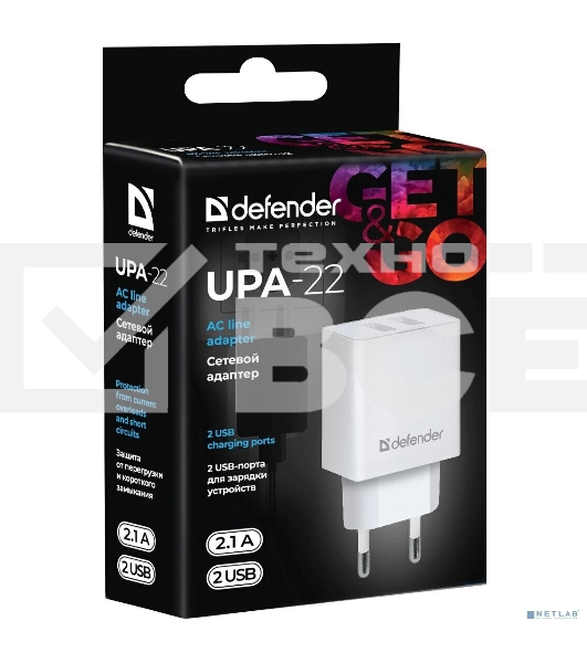 Сетевой адаптер Defender 2xUSB, 2.1А , белый (UPA-22)