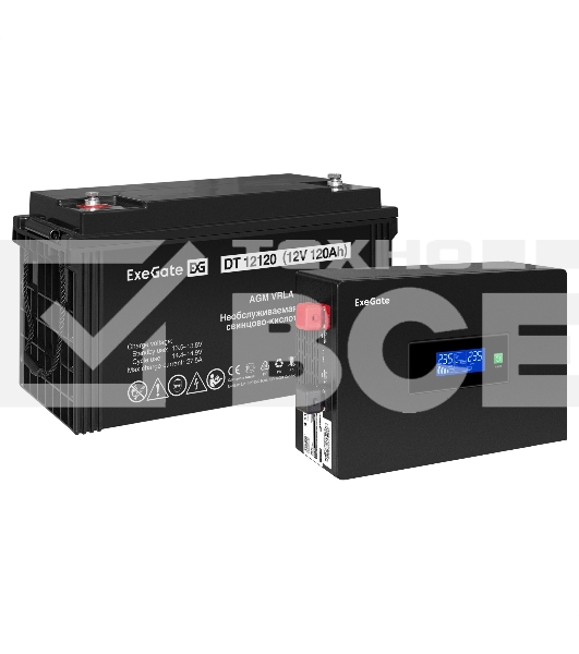 Комплект ИБП EX295992RUS + батарея 120Aч EX282988RUS 1шт (инвертор, синус, для котла, PF=1, настенный) ExeGate IdealSine SR-600.LCD.2SH <600VA/600W, чистая синусоида, цветной LCD-дисплей, 2*Schuko, крепление настенное, Black> + батарея ExeGate DT 12120 (1