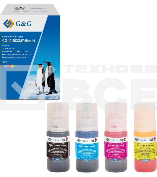 Чернила G&G GG-101BKCMY-45ml*4 101BKCMY голубой/пурпурный/желтый/черный набор 4x45мл для Epson EcoTank L4150/L4156/L4160/L4250/L4260/L4266/L6160/L6170/L6176/L6190/L6260/L6270/L6276/L6290