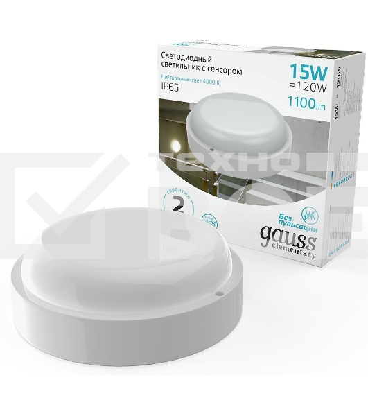 Светильник светодиодный Gauss ЖКХ Elementary D155х52 15Вт 1100лм 4000К 160-260В IP65 круг бел. с микровол. сенсором