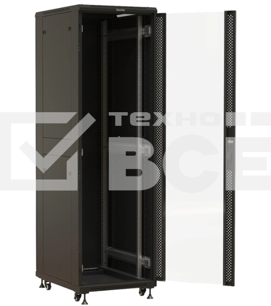 Шкаф серверный Hyperline (TTBR-4261-AS-RAL9004) напольный 42U 600x1000мм пер.дв.стекл задн.дв.спл.стал.лист 2 бок.пан. 800кг черный 910мм 2055мм IP20 сталь