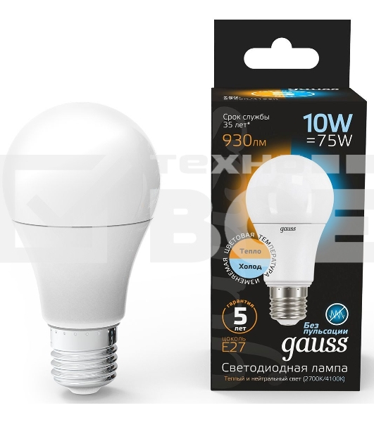 Лампа светодиодная LED A60 E27 10Вт 2700К/4100К CTC Gauss 102502110-T