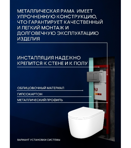 Инсталляция с унитазом комплект BAU PRO 6 в 1: унитаз подвесной безободковый торнадо Bau Hotel 53х36, быстросъемное сиденье микролифт, кнопка смыва BAU Stil Gun Grey,темно-серый металлик