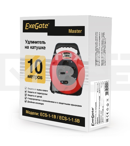Удлинитель на катушке ExeGate EX286336RUS Master ECS-1-1B (4 евророзетки с заземлением, 10м, защита от детей, защита от перегрузки, 3х1,0мм2, 10А/2.2кВт)