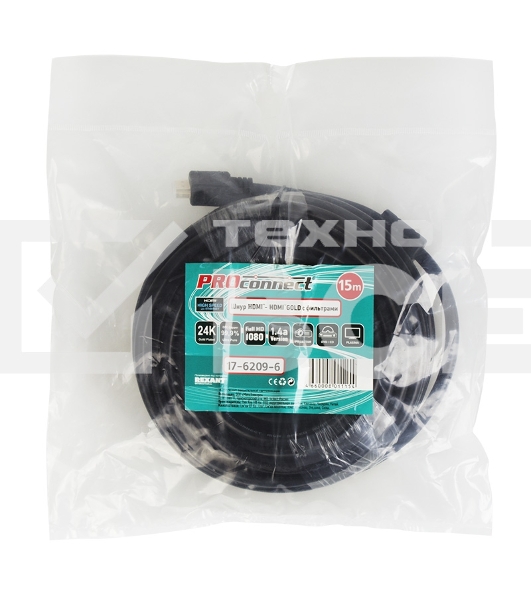 Шнур HDMI - HDMI gold, 15М с фильтрами (PE bag) PROCONNECT