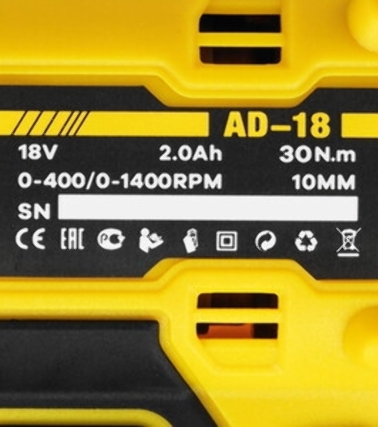 Дрель-шуруповерт Edon AD-18М, 18 В, 2 Ач, 30 Нм, щеточный
