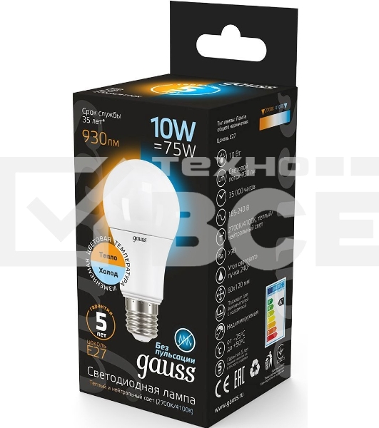 Лампа светодиодная LED A60 E27 10Вт 2700К/4100К CTC Gauss 102502110-T