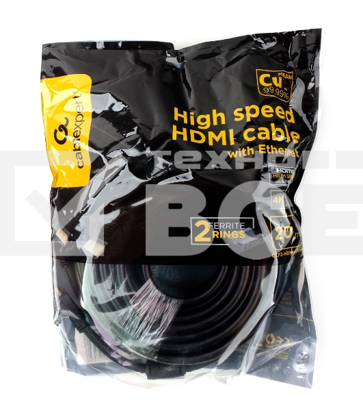 Кабель HDMI Cablexpert CCF2-HDMI4-20M, 19M/19M, v2.0, медь, позол.разъемы, экран, 2 фер.кольца, 20м, черный, пакет
