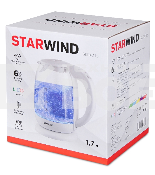 Чайник электрический Starwind SKG4215 1.7л. 2200Вт белый (корпус: стекло)