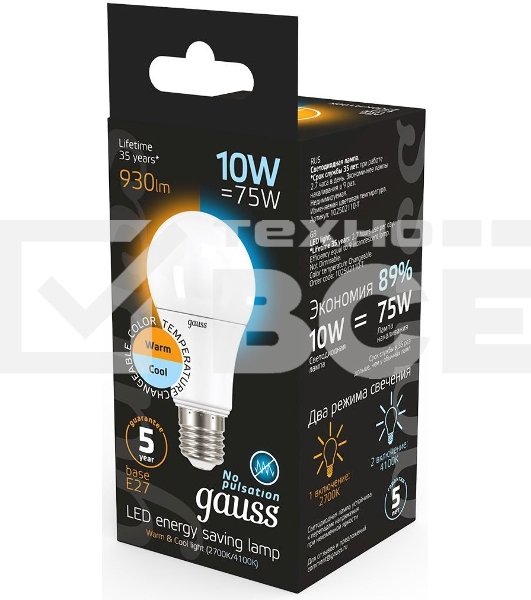 Лампа светодиодная LED A60 E27 10Вт 2700К/4100К CTC Gauss 102502110-T