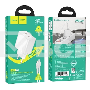 Блок питания (сетевой адаптер) HOCO N35 Streamer dual-port PD45W(2 Type-С)+Lightning 1м, белый