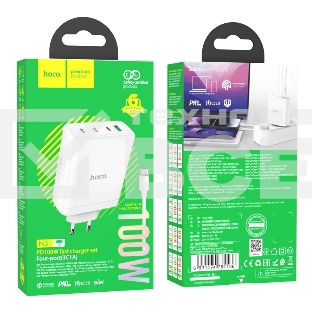 Блок питания HOCO N31 Leader PD100W (3*Type-C + 1*USB-A) fast charger +кабель Type-C 1м, белый