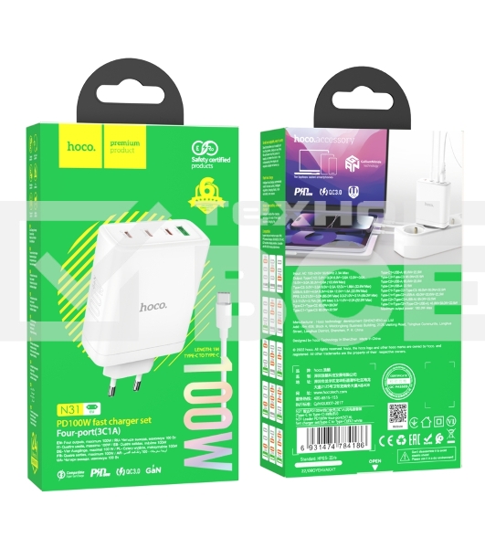 Блок питания HOCO N31 Leader PD100W (3*Type-C + 1*USB-A) fast charger +кабель Type-C 1м, белый