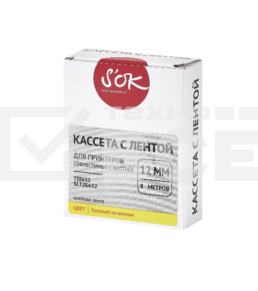 Кассета с лентой S'OK by Sakura Printing TZE632 для Brother, красный на желтом, 12мм/8м, наклейка