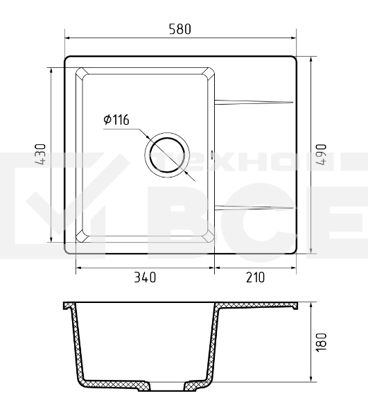 Мойка GRANFEST URBAN 258L  1-чаша+крыло 580*490мм, монтаж: врезной, материал: кварц, цвет: белый