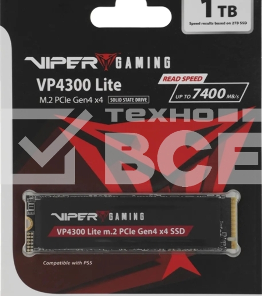 Накопитель SSD Patriot Viper VP4300 Lite, 1Tb, PCIe 4.0 x4, M.2 2280, NVMe, R/W 7400/6400, с радиатором