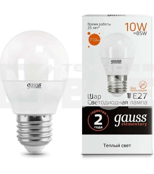 Светодиодная лампа GAUSS 53210 LED Elementary Шар 10W E27 880lm 3000K 1/10/100 0