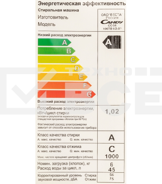 Стиральная машина Candy Smart Pro CSO34 106TB1/2-07 белый, загрузка фронтальная 6 кг, 1000 об/мин., класс: А