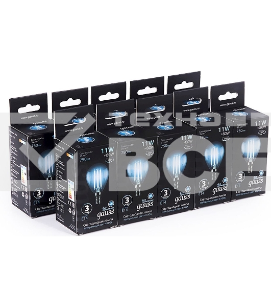 Лампа филам. Gauss Filament 11Вт цок.:E14 шар 220B 4100K св.свеч.бел.ней. (упак.:10шт) (105801211)