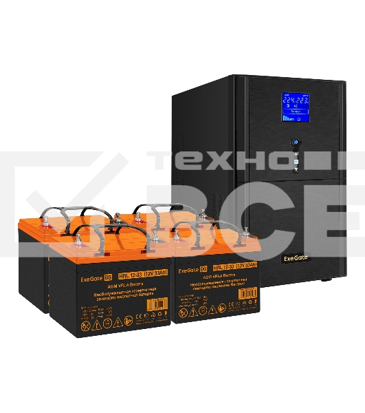 Комплект источника бесперебойного питания Exegate EX295990RUS + батарея 33Aч EX285664RUS 4шт (инвертор, синус, для котла) ExeGate SineTower SZ-3000.LCD.AVR.3SH.1C13.RJ.USB <3000VA/2400W, чистый синусоида, LCD дисплей, AVR, 3*Schuko+1*C13, RJ45/11, USB, линейно-интерактивный, Black> + батарея ExeGate HRL 12-33 (12В, 33Ач) 4шт
