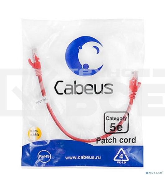 Шнур комм. Cabeus, Cat.5e, неэкр., U/UTP, RJ45/RJ45, PVC, AWG24, 0.3м, красный