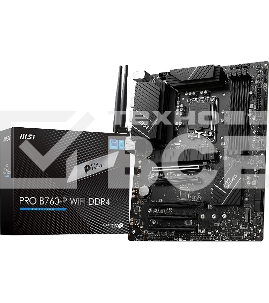 Материнская плата MSI PRO B760-P WIFI DDR4, LGA 1700, Intel B760, 4xDDR4, 4xSATA, 2xM.2, 1xPCIe 4.0 x16, 1xPCIe 4.0 x4, 3xPCIe 3.0 x1, 1xHDMI, 1xDP, 1xRJ45 2.5Gb, Wi-Fi 6E, Bluetooth 5.3, 1xUSB-C 3.2 Gen 2, 2xUSB-A 3.2 Gen 2, 4xUSB-A 2.0, 5x3.5мм, TOSLINK