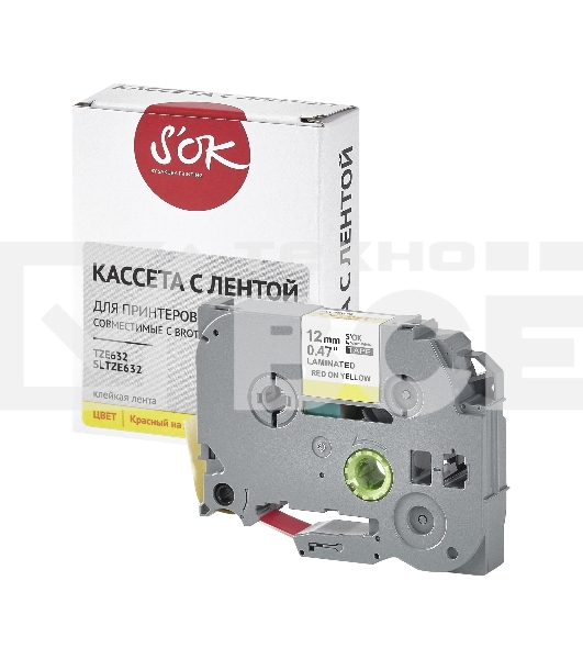 Кассета с лентой S'OK by Sakura Printing TZE632 для Brother, красный на желтом, 12мм/8м, наклейка