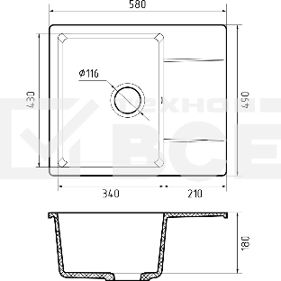 Мойка GRANFEST URBAN 258L  1-чаша+крыло 580*490мм, монтаж: врезной, материал: кварц, цвет: песочный