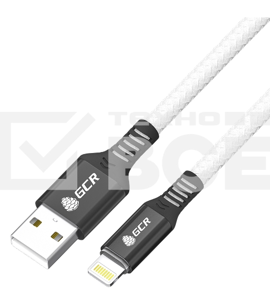 Кабель GCR PREMIUM 1.2m для iPhone, iPad, Air, AM/Lightning, MFI, белый нейлон, AL case черный, 28/24 AWG, GCR-53447