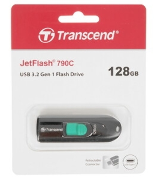 Флешка USB Transcend JetFlash 790C (TS128GJF790C), 128Gb, USB 3.2, R/W 90/60, черный/зеленый