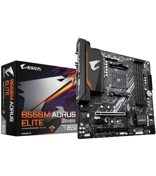 Материнская плата Gigabyte B550M AORUS ELITE, AM4, AMD B550, 4xDDR4, 4xSATA, 2xM.2, 1xPCI-E 4.0 x16, 1xPCI-E 3.0 x4, 1xPCI-E x1, 1xHDMI, 1xDVI-D, 1x 1Gb LAN, 4xUSB-A 2.0, 4xUSB-A 3.2 Gen 1, 3x3.5 мм, 7.1, Micro-ATX