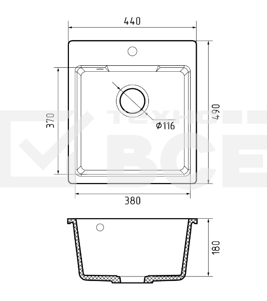 Мойка GRANFEST URBAN 644  1-чаша 440*490мм, монтаж: врезной, материал: кварц, цвет: черный