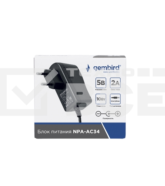 Блок питания Gembird NPA-AC34, 5В/2А, 10Вт, 1 штекер 3.5х1.35мм, черный