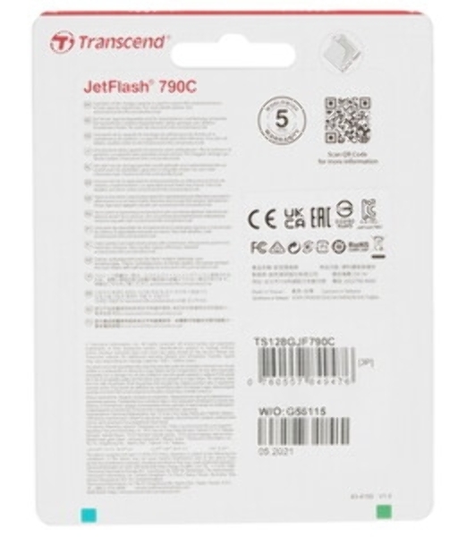 Флешка USB Transcend JetFlash 790C (TS128GJF790C), 128Gb, USB 3.2, R/W 90/60, черный/зеленый
