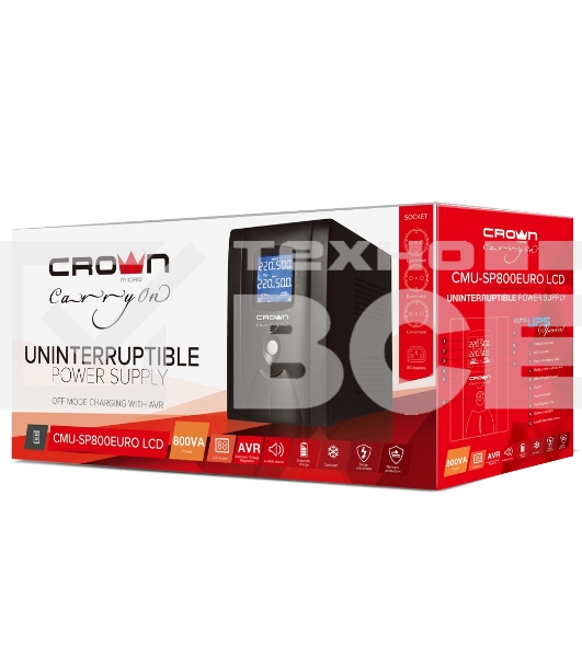Источник бесперебойного питания CROWN 800VA/450W, металл, 1x12V/9AH, розетки 3*EURO+1*IEC bybass, трансформатор AVR 145-280V, LCD дисплей, съёмный кабель 1.2м, фильтр телефонной и ethernet линии RJ11/45, защита батареи, от перегрузки, от КЗ