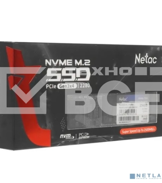 Накопитель SSD Netac NV2000, 256GB, PCIe 3.0 x4, M.2 2280, NVMe, R/W 2500/1000