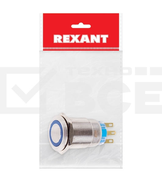 Кнопка  антивандальная Ø19 12В Фикс (5с) ON-OFF/OFF-ON подсв/синяя  Rexant