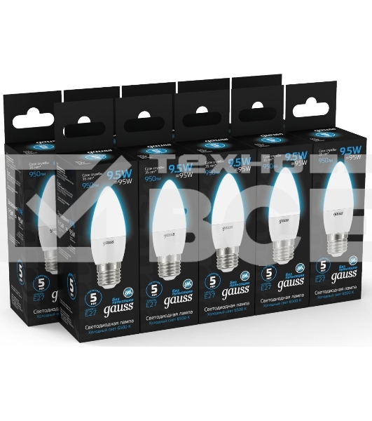 Лампа светодиодная Gauss 103102310 9.5Вт цок.:E27 свеча 220B 6500K св.свеч.бел.хол. (упак.:10шт)