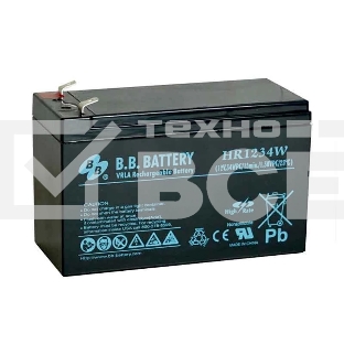 Батарея B.B. Battery серия HR, HR1234W, напряжение 12В, емкость 9Ач (разряд 20 часов), емкость 7Ач (разряд 10 часов), макс. ток разряда (5 сек.) 105А, макс. ток заряда 2.1A, свинцово-кислотная типа AGM, клеммы Т2, ДxШxВ 151x65x100мм., вес 2.5кг., срок слу