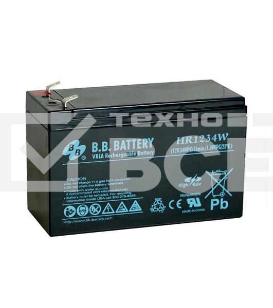 Батарея B.B. Battery серия HR, HR1234W, напряжение 12В, емкость 9Ач (разряд 20 часов), емкость 7Ач (разряд 10 часов), макс. ток разряда (5 сек.) 105А, макс. ток заряда 2.1A, свинцово-кислотная типа AGM, клеммы Т2, ДxШxВ 151x65x100мм., вес 2.5кг., срок слу