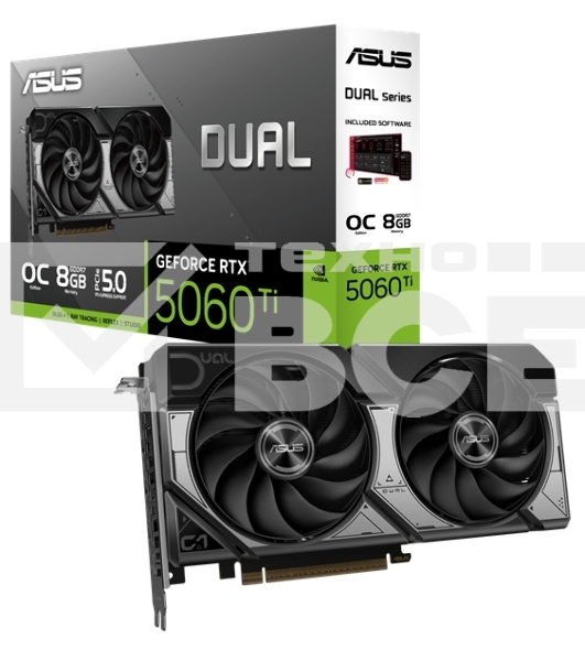 Видеокарта ASUS GeForce RTX 5060 Ti 8G DUAL OC Edition, NVIDIA RTX 5060 Ti, 8 ГБ GDDR7, 128 бит, PCI-e 5.0, 1xHDMI, 3xDP, 2632 МГц