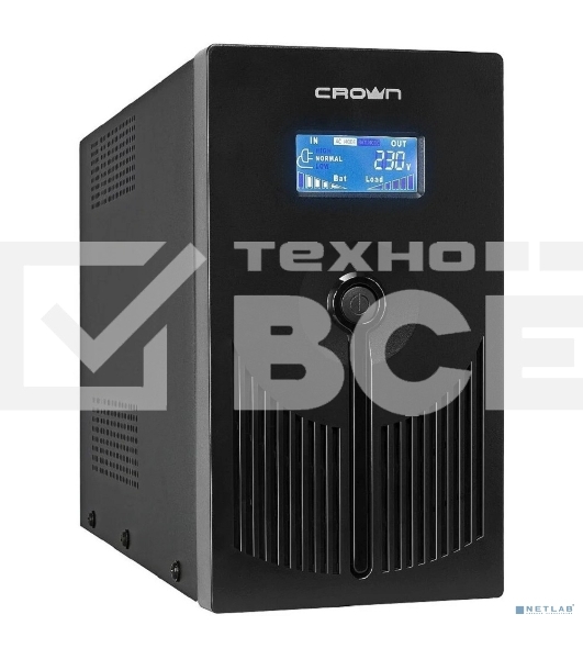 Источник бесперебойного питания CROWN 800VA/450W, металл, 1x12V/9AH, розетки 3*EURO+1*IEC bybass, трансформатор AVR 145-280V, LCD дисплей, съёмный кабель 1.2м, фильтр телефонной и ethernet линии RJ11/45, защита батареи, от перегрузки, от КЗ