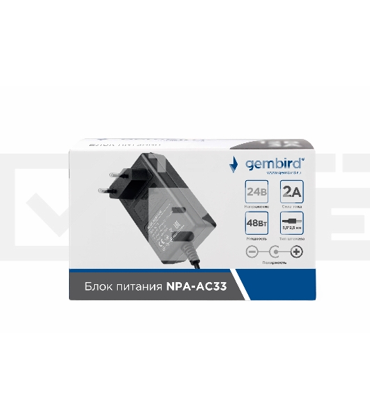 Блок питания Gembird NPA-AC33, 24В/2А, 48Вт, 1 штекер 5.5х2.5мм, черный