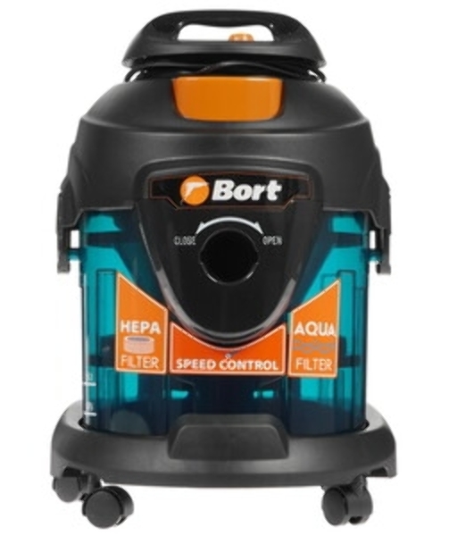 Строительный пылесос Bort BSS-1415-Aqua черный/синий, 200/1400 Вт, уборка сухая/влажная, пылесборник мешок/контейнер, 15 л