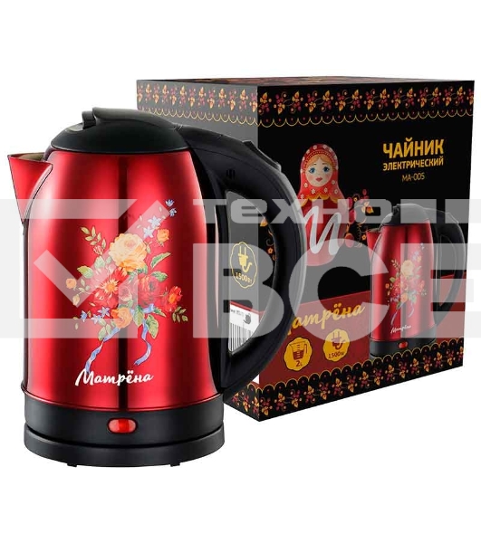 Чайник Матрена MA-005 электрический (2,0 л) стальной красный хохлома