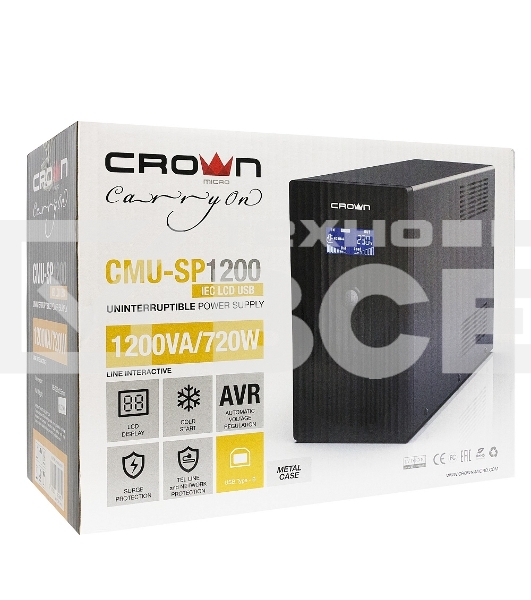 Источник бесперебойного питания CROWN Line Intractive CMU-SP1200IEC LCD USB 1200VA\720W, корпус металл, 2x12V/9AH, розетки 8*IEC, трансформатор AVR 140-290V, LCD-дисплей, cъемный кабель 1.2 м, порт RJ11/45, порт USB, защита: от перегрузки, от КЗ, от скачк