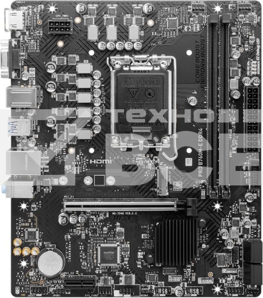 Материнская плата MSI PRO B760M-E DDR4, LGA 1700, Intel B760, 2xDDR4, 4xSATA, 1xM.2, 1xPCIe 4.0 x16, 1xPCIe 4.0 x1, 1xHDMI, 1xVGA, 1x1Gb LAN, 2xUSB-A 3.2 Gen 1, 4xUSB-A 2.0, 3x3.5 мм, 7.1, mATX