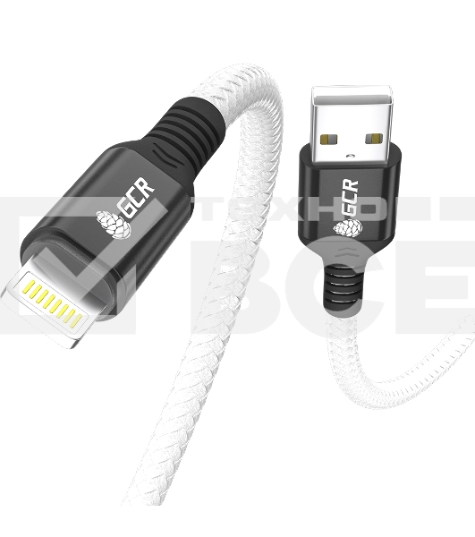 Кабель GCR PREMIUM 1.2m для iPhone, iPad, Air, AM/Lightning, MFI, белый нейлон, AL case черный, 28/24 AWG, GCR-53447