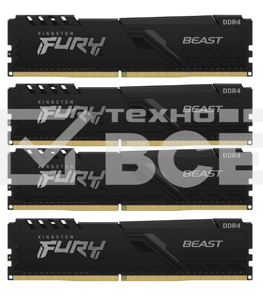Оперативная память Kingston Fury Beast, DDR4, 128GB (4x32 GB), 3600 MHz, CL18, DIMM, с радиатором, чёрный